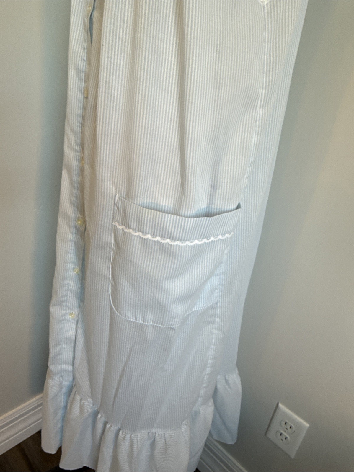 Vtg Barbizon Nightgown Women Small Blue Stripe Button Front Pockets House Dress