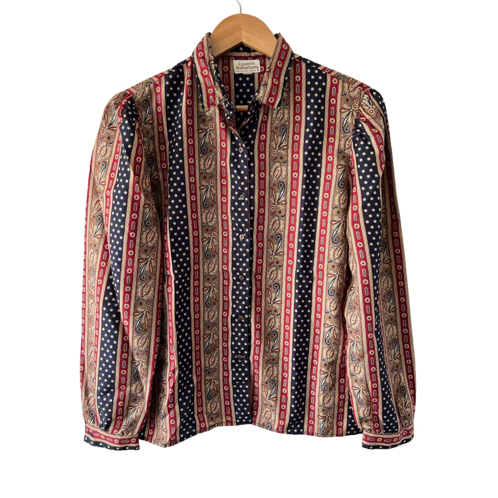 Vintage Country Suburbans Paisley Stripe Blouse Womens 14 Silky Union Made Boho