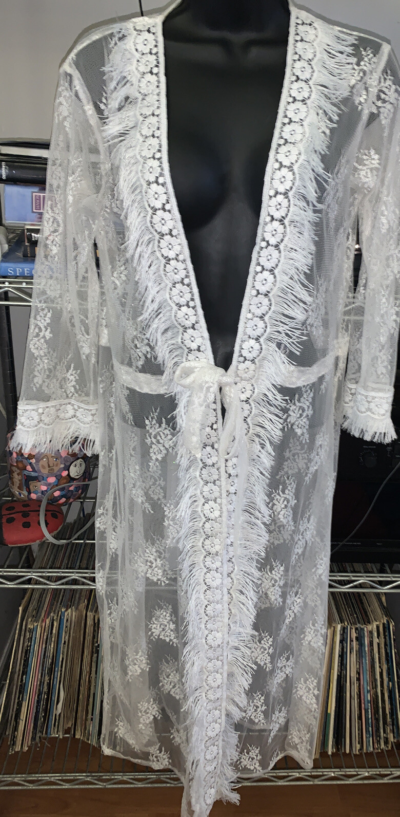 Vintage Lace Boho Outer Shell Nylon Lace Dress Fringe And Ties. Size ?