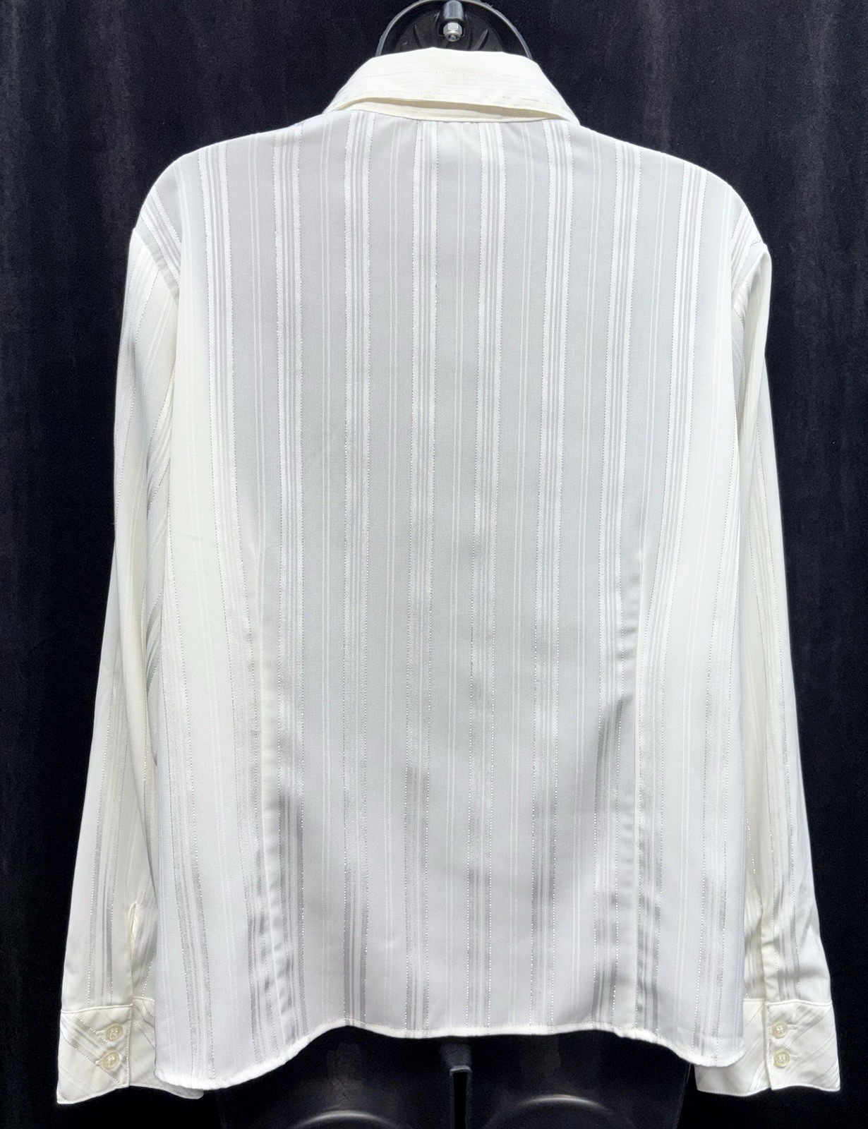 VTG Joanna Women Size PL Button Up Long Sleeve Collar V-Neck Top Silver Striped