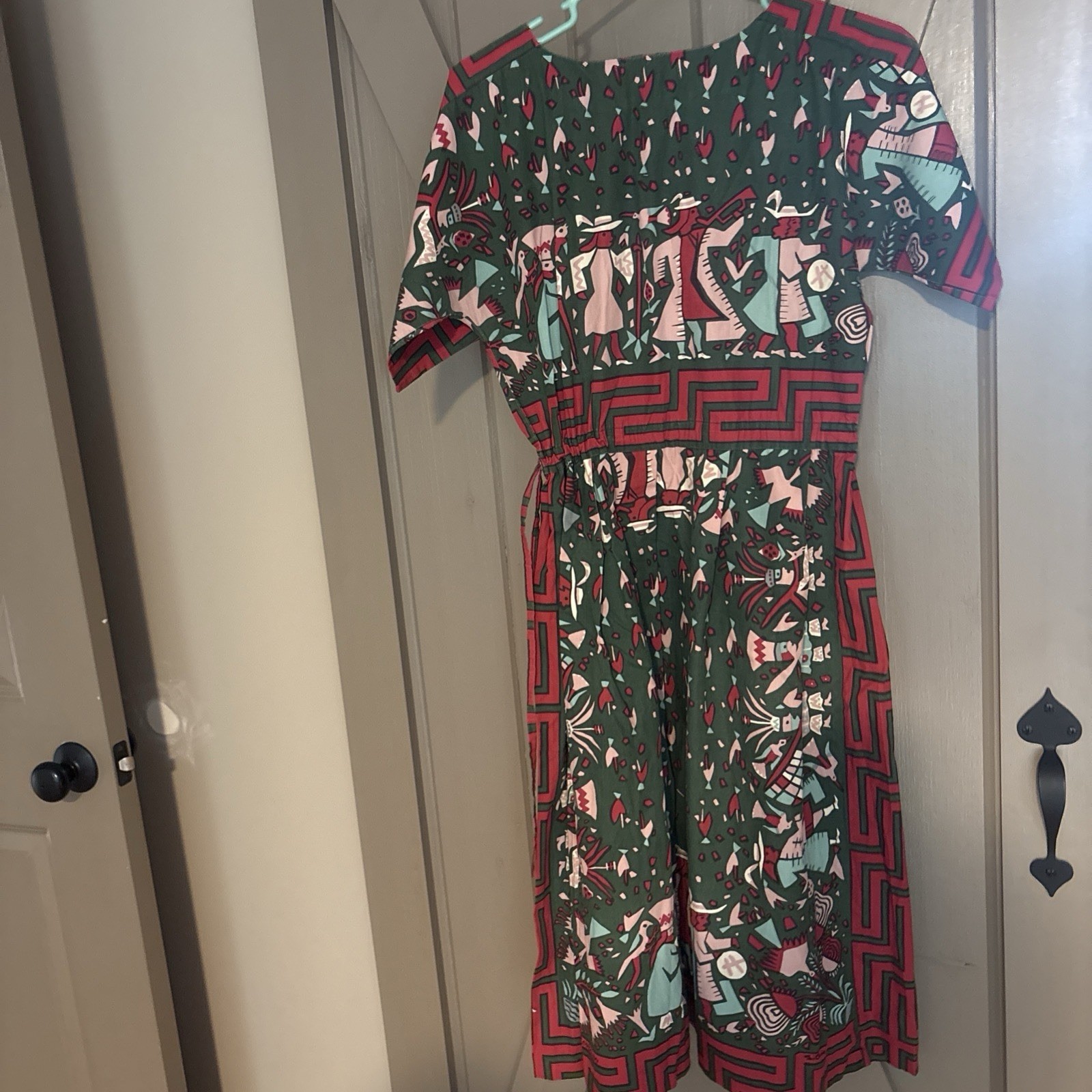 Vintage 1970 Silvania Prints Cotton,Mid Dress Sz S,Handprinted Peruvian Folklore