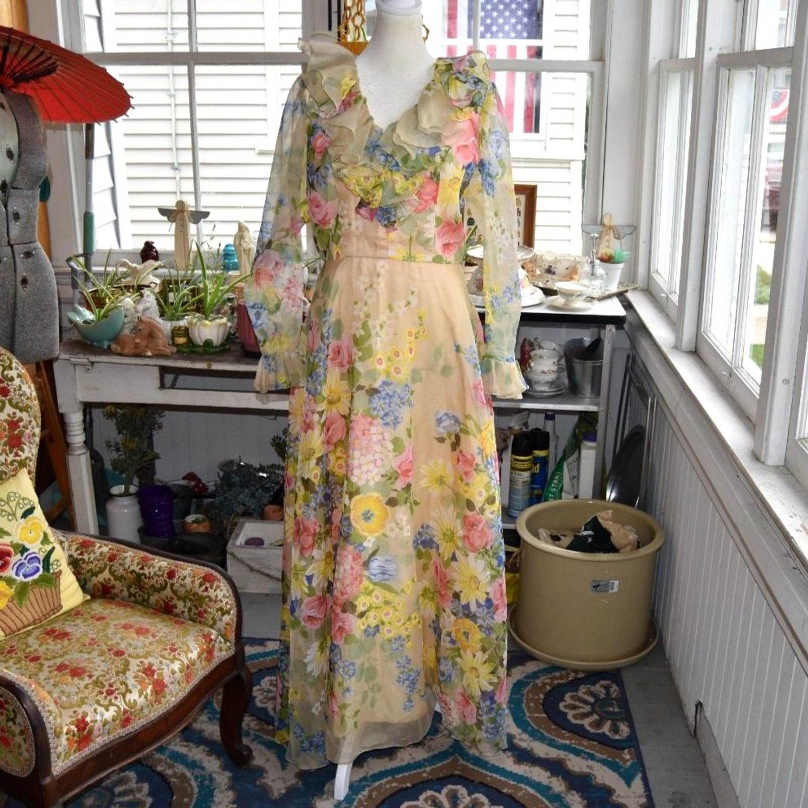 Vintage 70s Floral Chiffon Maxi Dress S Romantic Prairie Ruffle Boho Cottage
