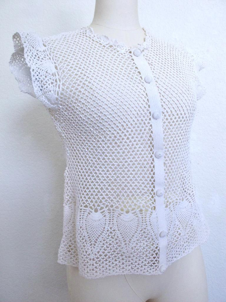 Vintage Hand Crocheted Button Down Cardigan Top S Cotton Openwork Lace Pineapple