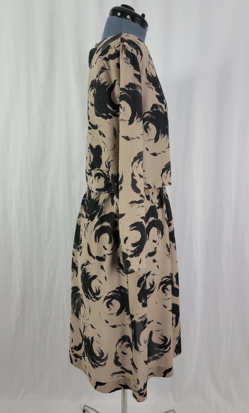 Vintage Marti Petite Brown & Black Blouson Dress w Overlay Wrap Size 16