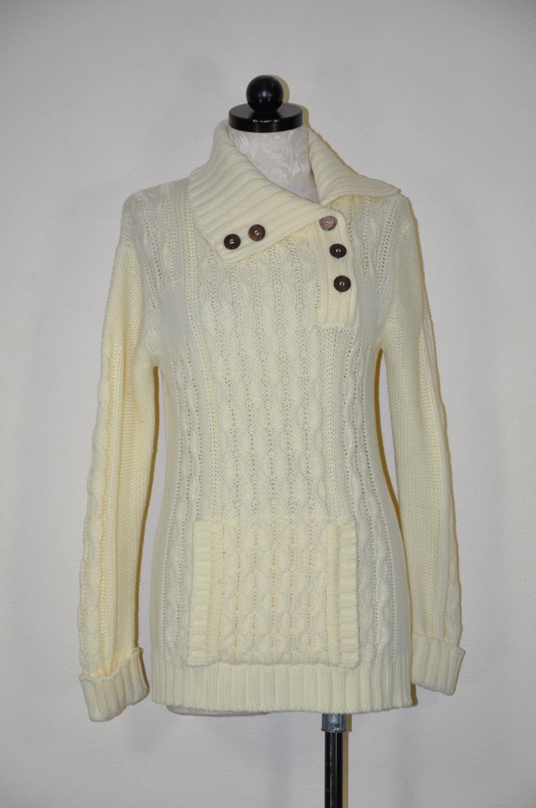 70s Vintage Cream Chunky Cable Knit Buttons Turtleneck Fisherman Sweater Women S
