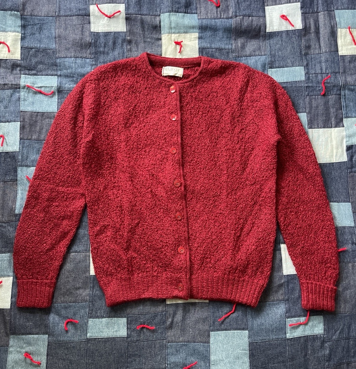 Vintage 50s Wool Loop Cardigan Burgundy Maroon Size Small Button Up Rockabilly