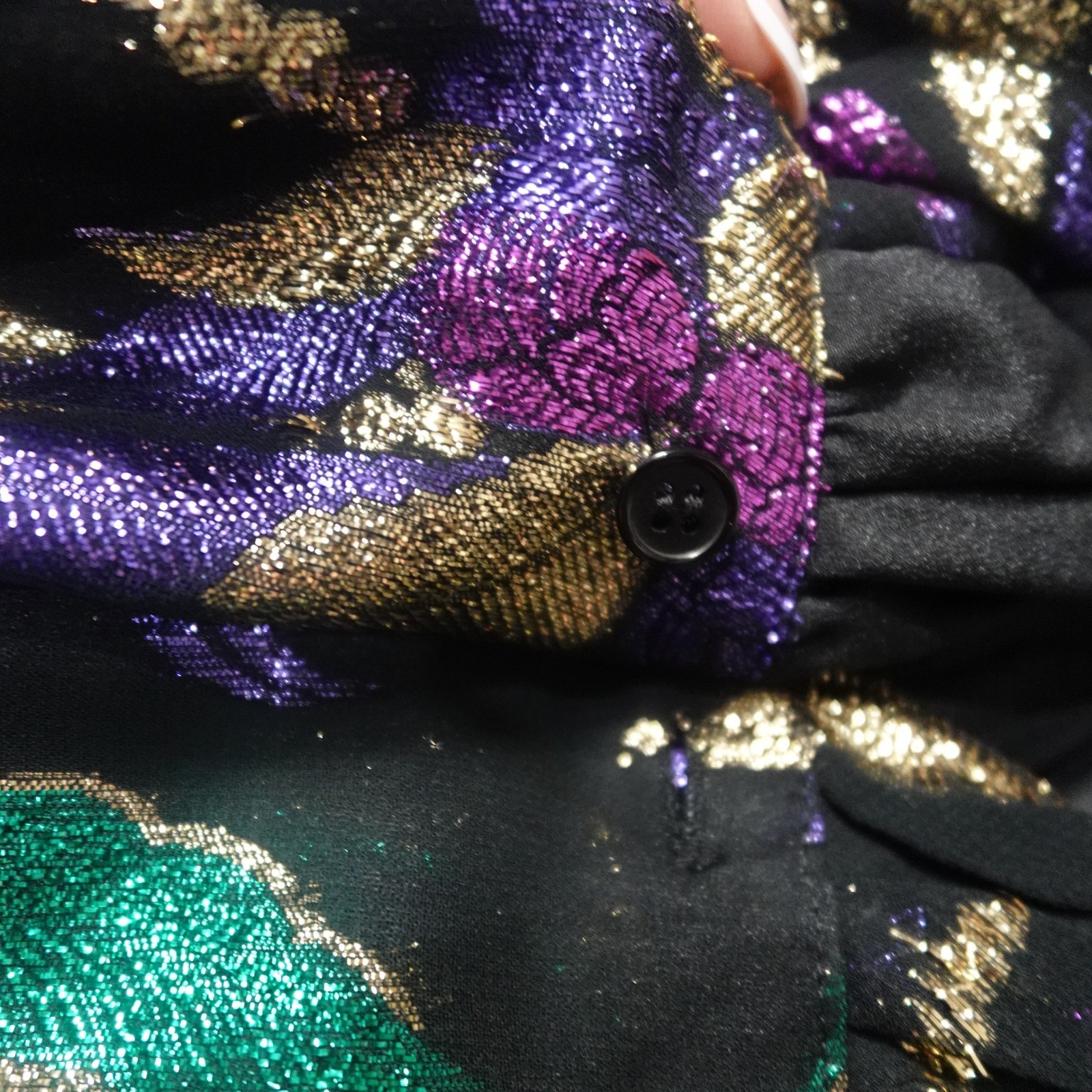 Vintage Anne Klein Black Metallic Abstract Blouse Purple Teal Gold Glam Top 80’s