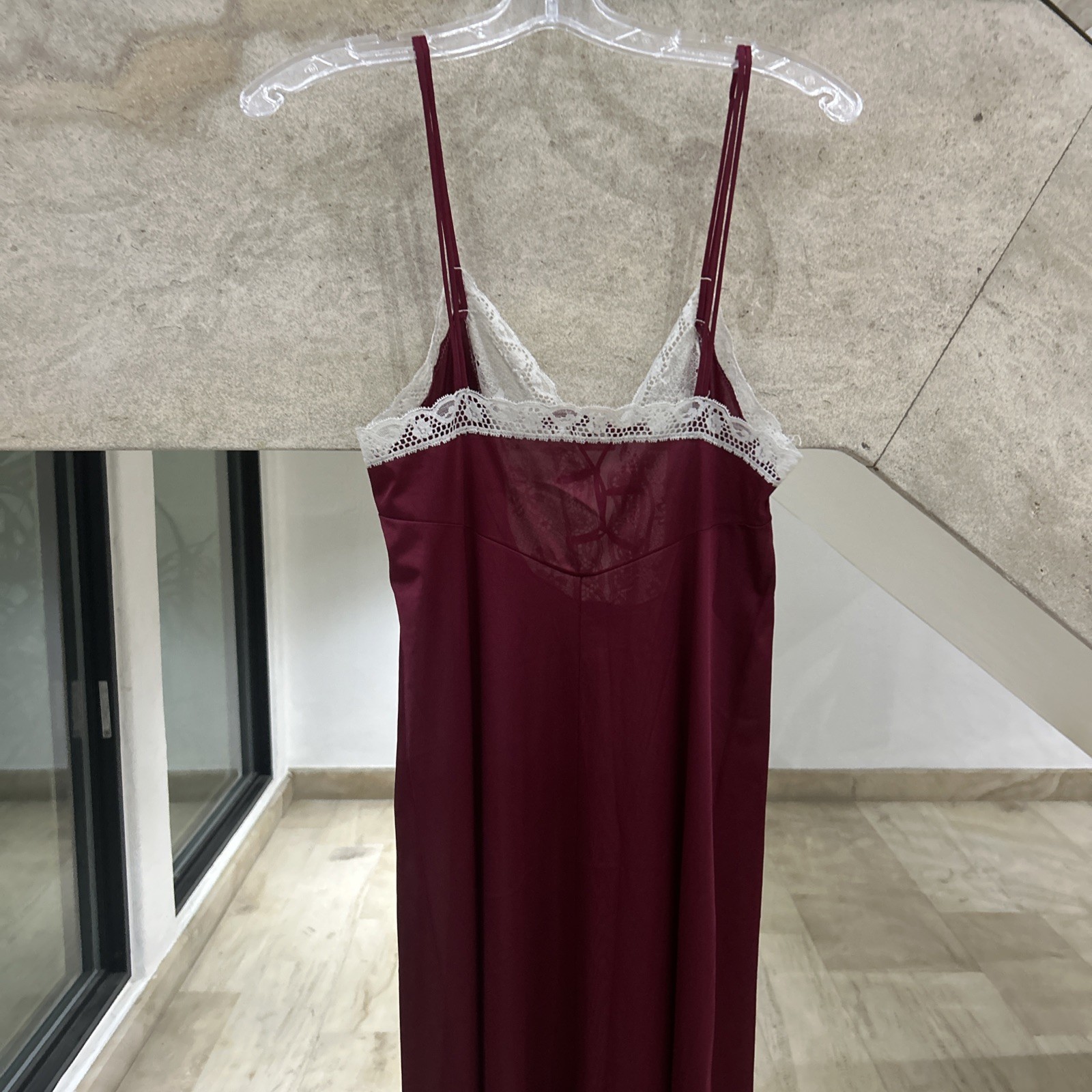 VINTAGE Vasarette Red Satin Long Nightgown Dress Lace Rossette Nightie Lingerie