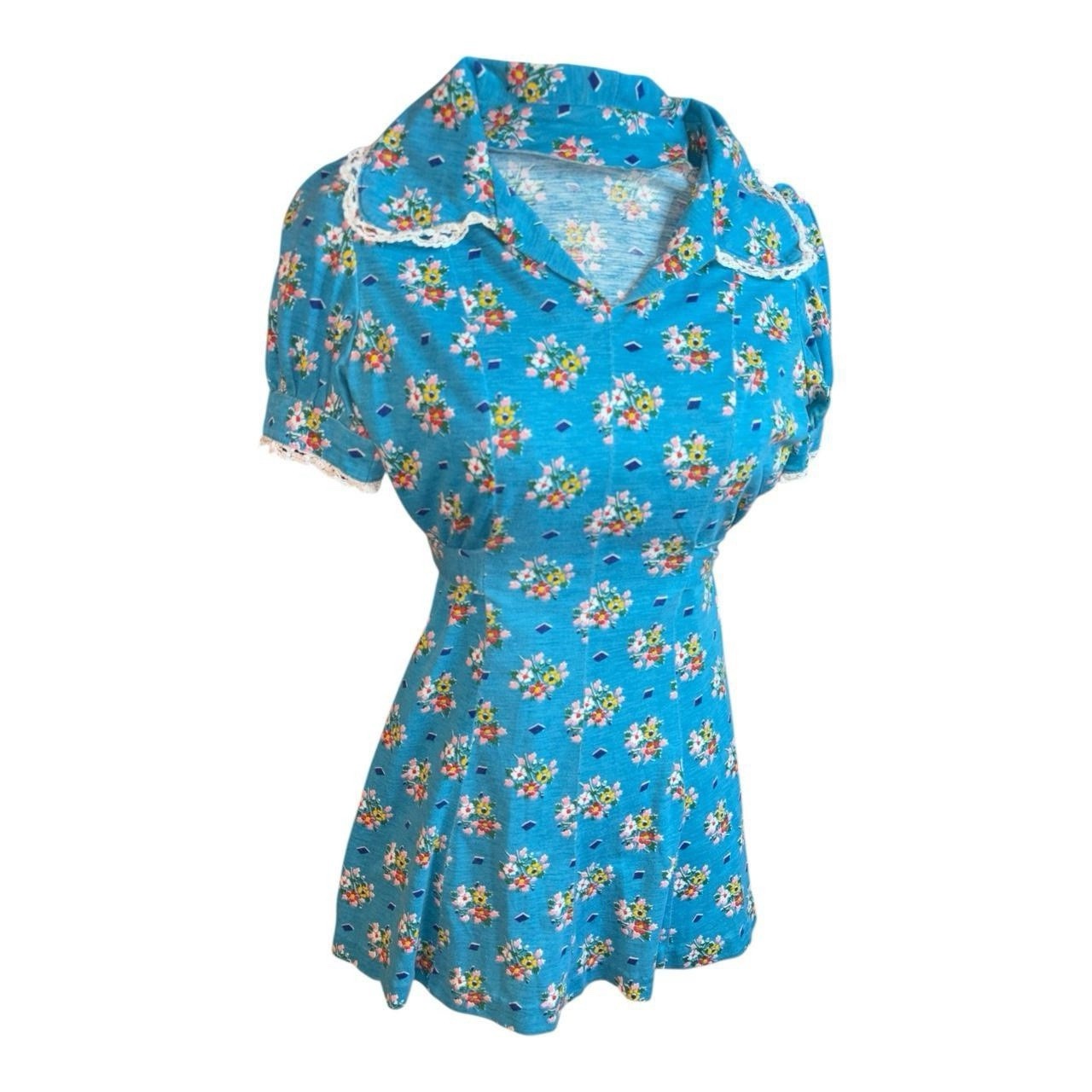 Handmade Vintage Flower Dress With Ruffle Sleeves In Blue.