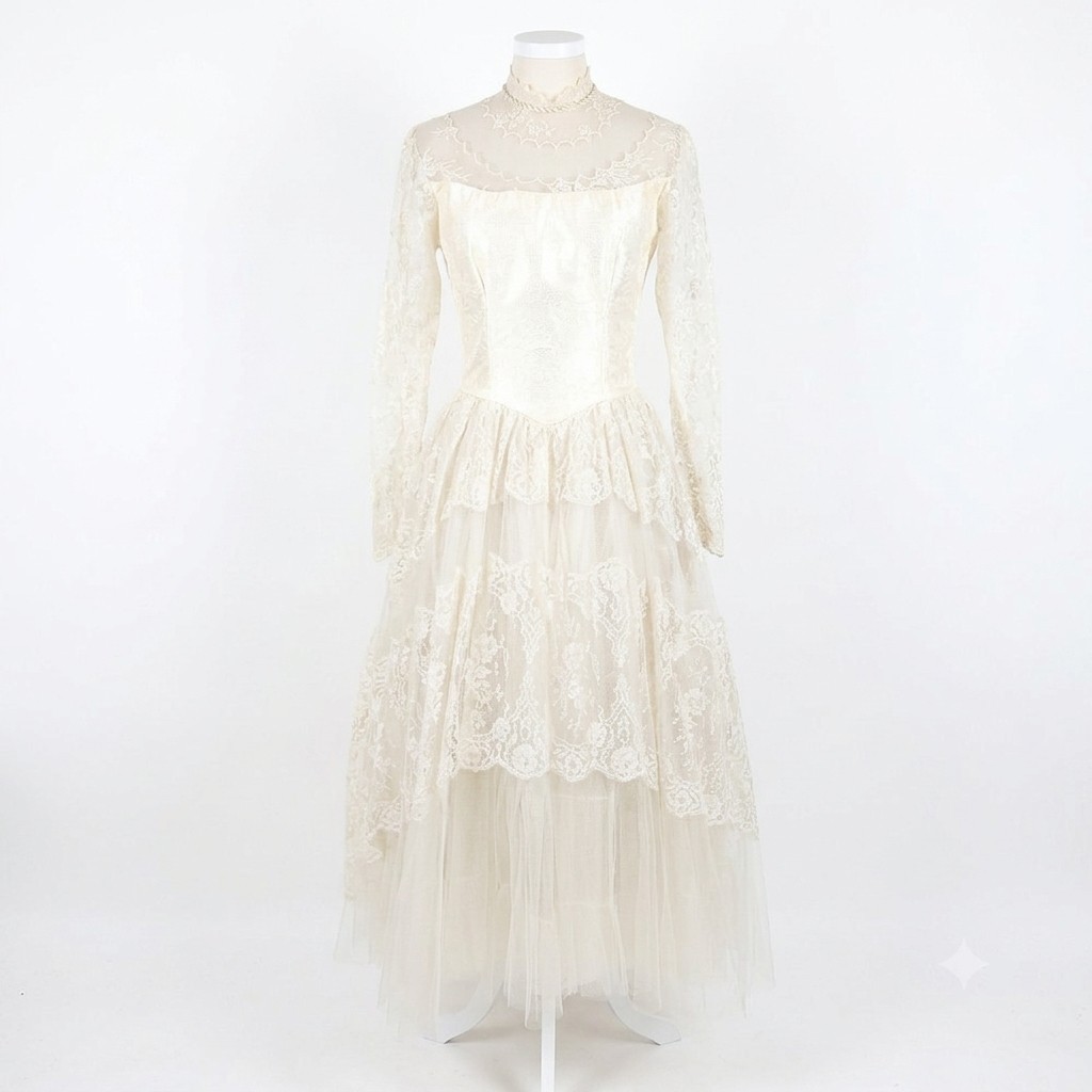 VTG 50s Wedding Dress Cottagecore Lace Tulle Bridal Gown Coquette Princess