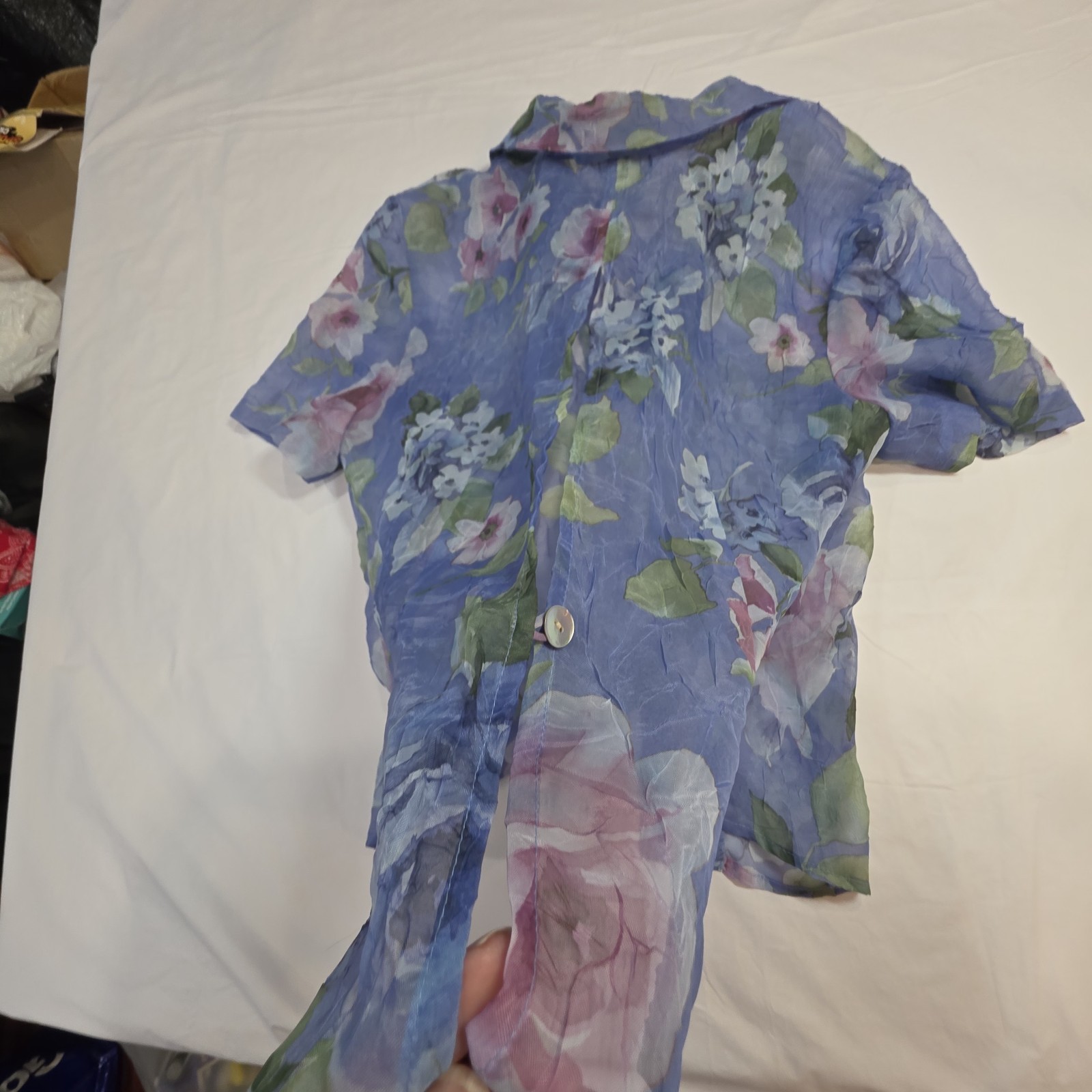 Miss Dorby Vtg Size 14 Floral Crinkle Button Up Fly Away Blouse Periwinkle Fairy