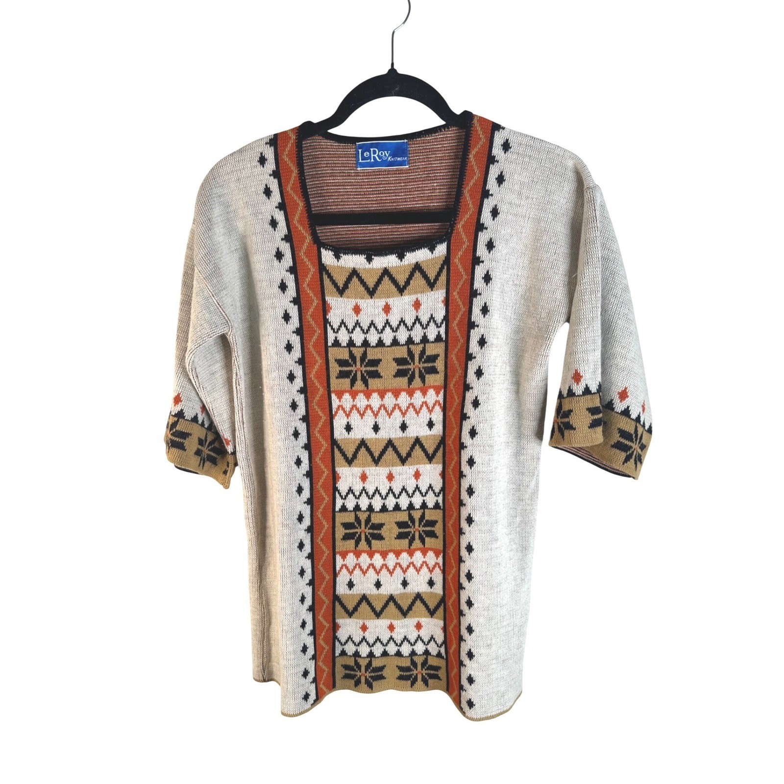 LeRoy Vintage Cream Geometric Fair Isle Square Neck Knit Sweater Top Size Medium
