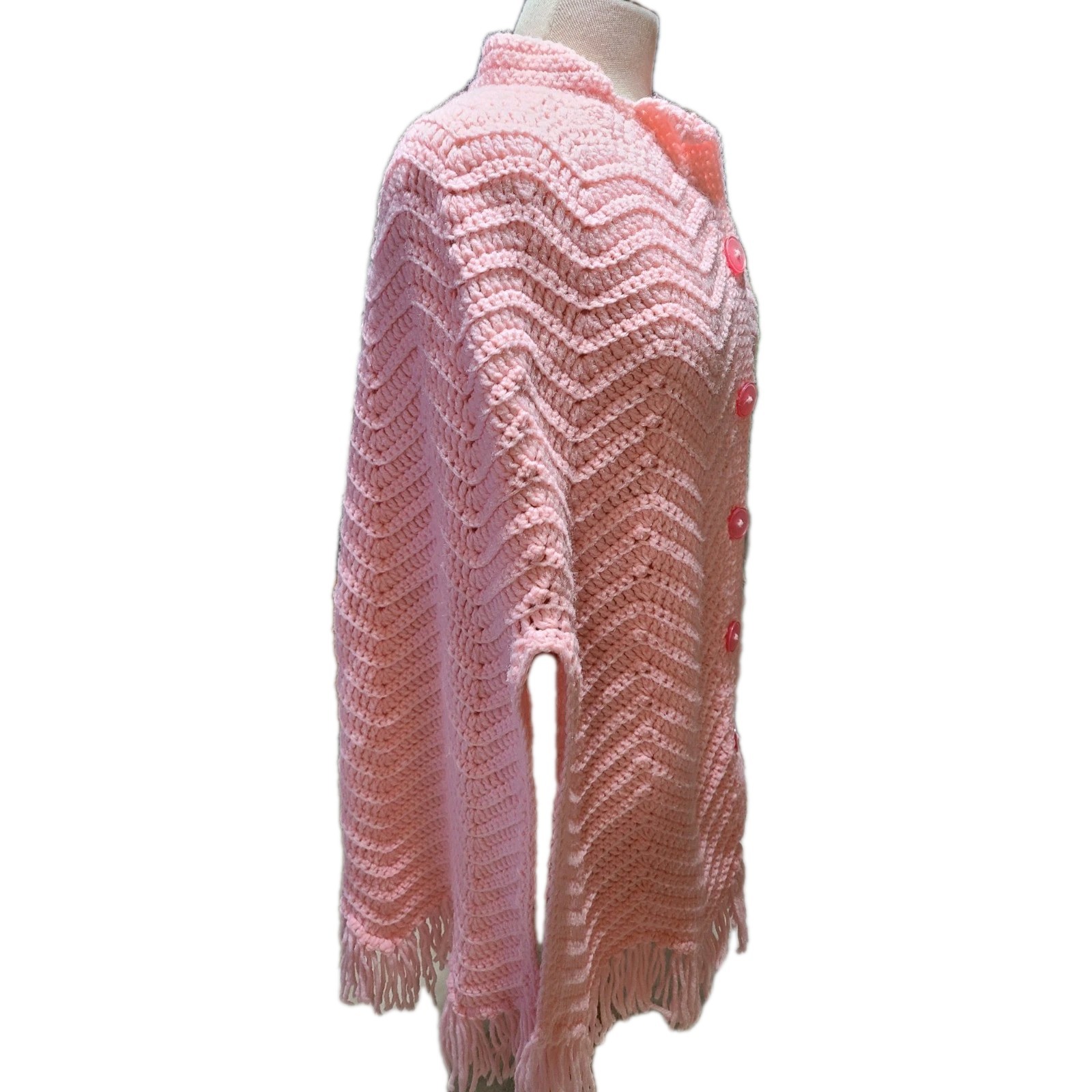 Pink Crochet Cape W/Fringe Button Front Handmade Vtg OSFM Cottage Core