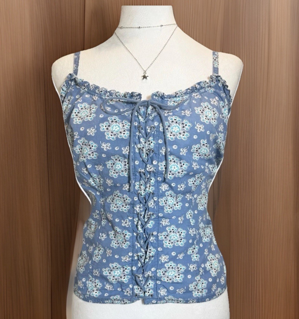 Vtg Y2K Corset Cami Top Coquette Beaded Cottagecore Delicate Lace-Up Festival L