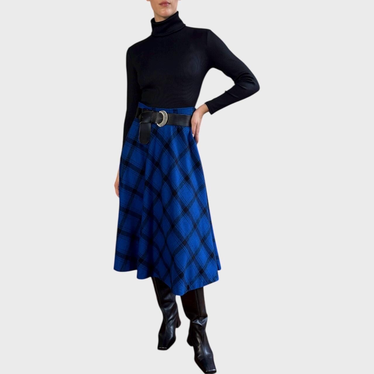 Vintage 90s Blue Plaid Wool Blend Midi Skirt | High Waist A-Line size US8/ EU40