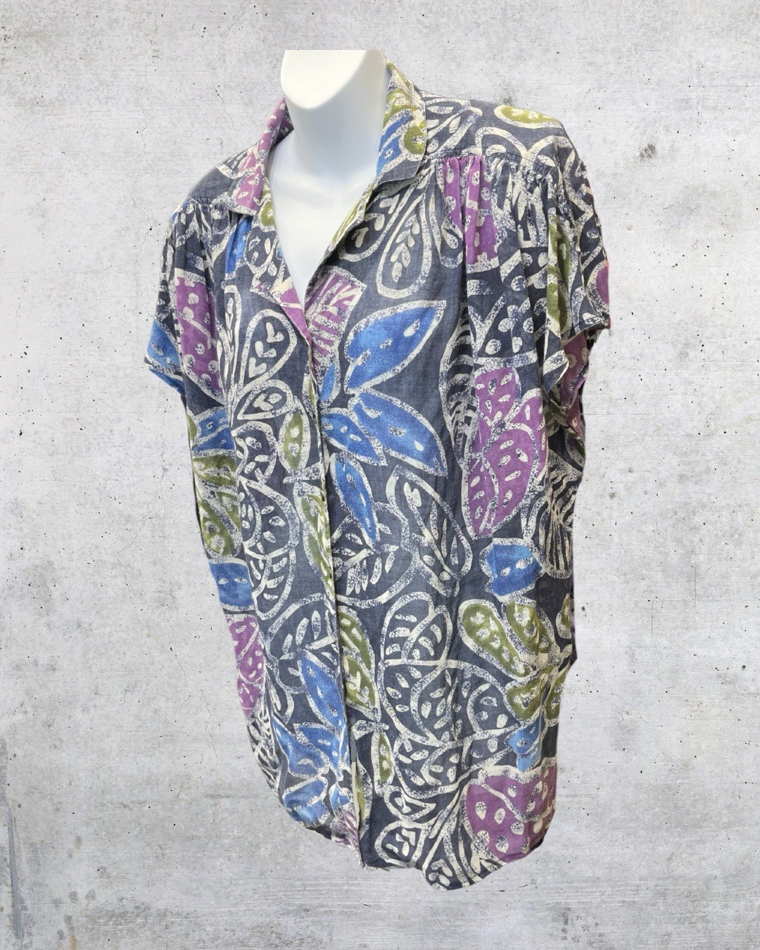 Vintage 90s Abstract Leaf Print Blouse Womens XL Gray Blue Purple Shoulder Pads