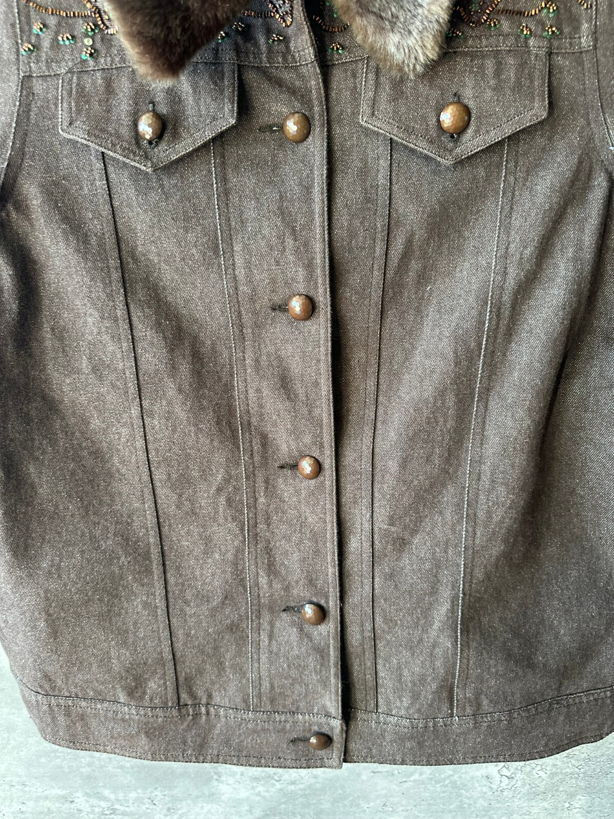Vintage Dennis Basso Brown Denim Embellished Trucker Jacket w Faux Fur Collar M