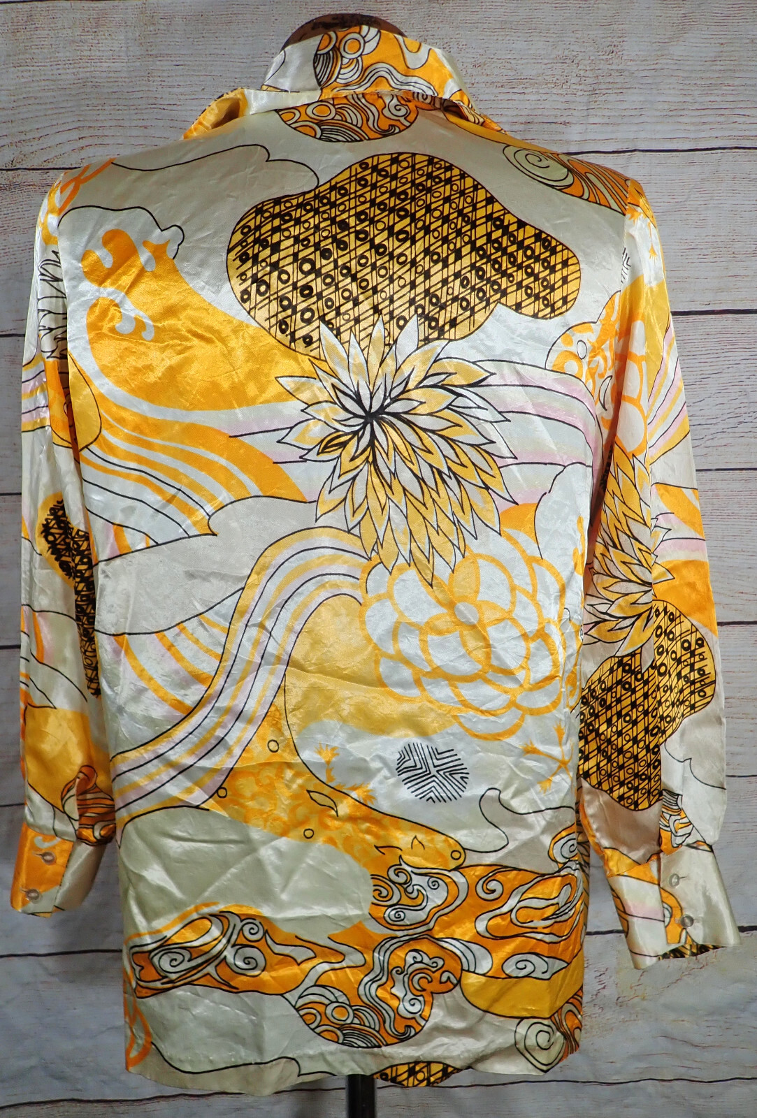 True Vtg 60’s Carole Sue Satin Loop Collar Shirt Women’s M MCM Abstract Art AOP