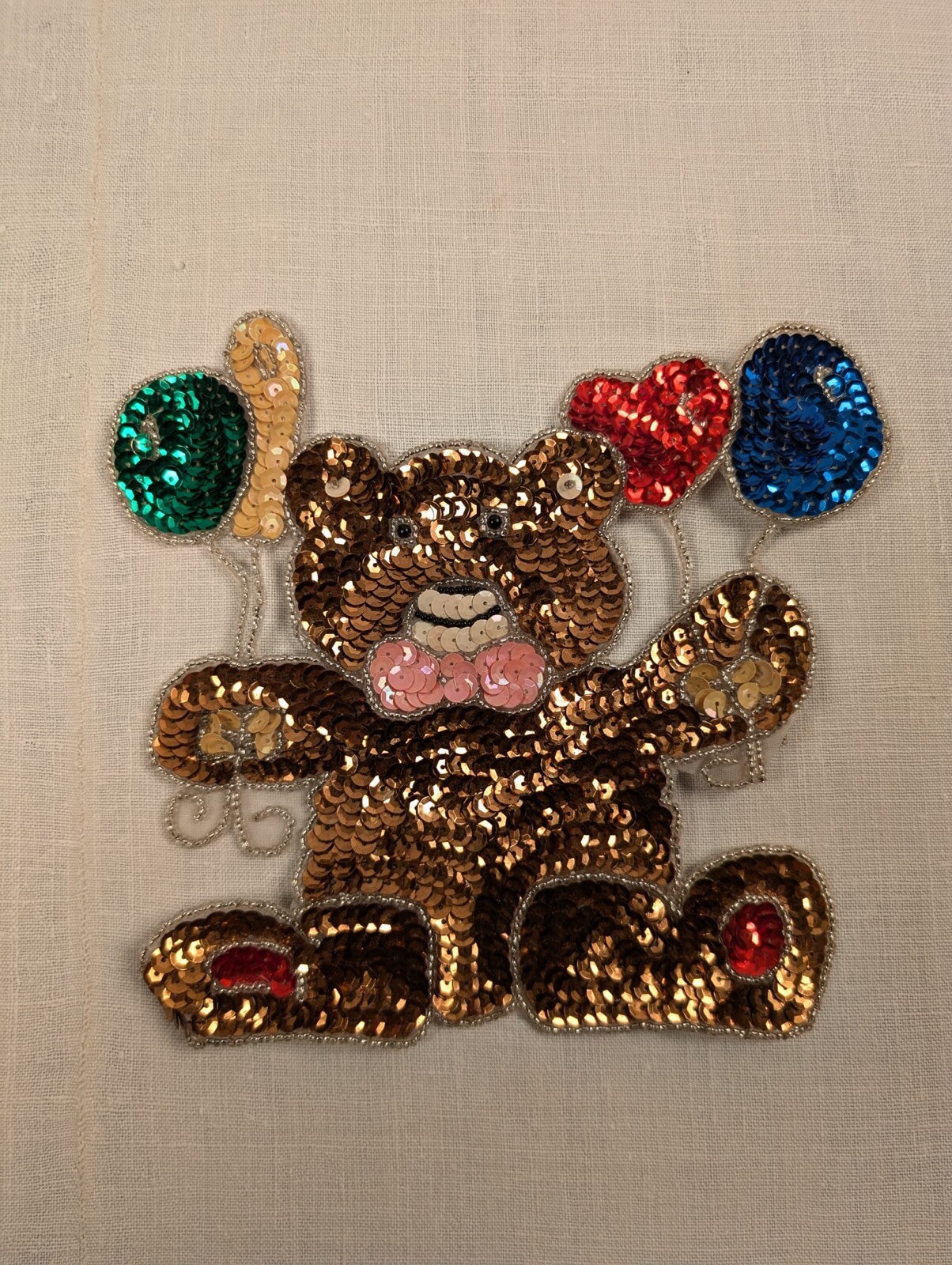 VINTAGE 1980’S SEQUIN + BEAD TEDDY BEAR DRESS APPLIQUE