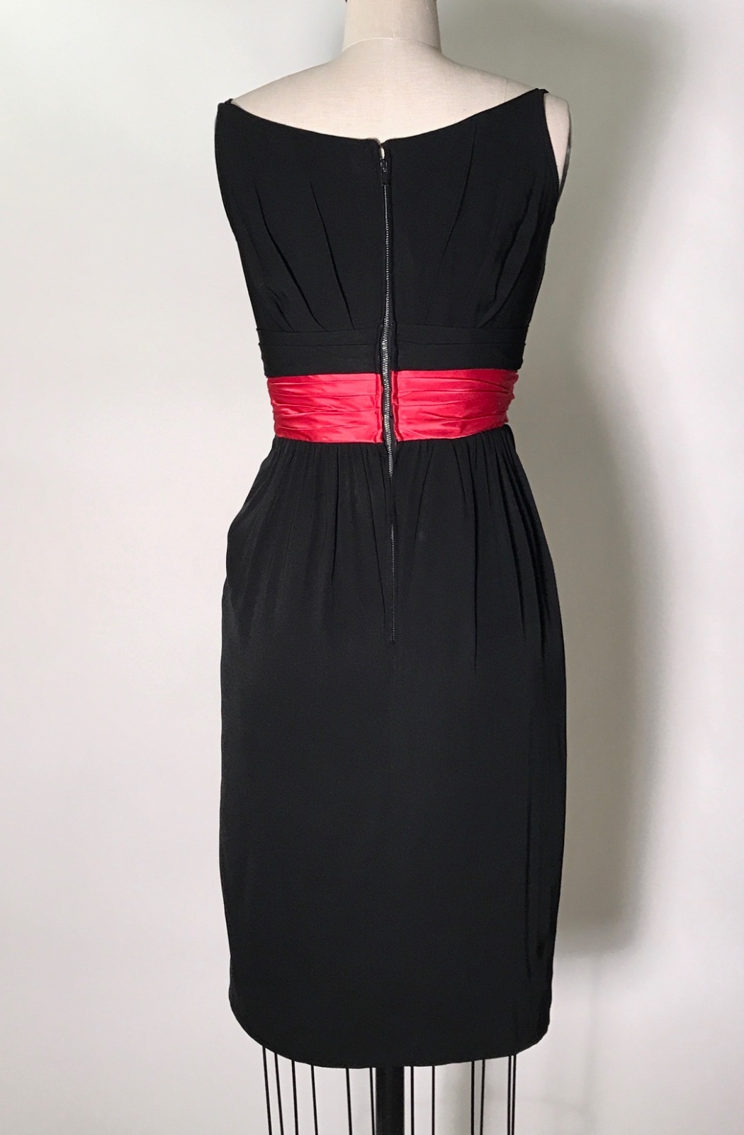 Ceil Chapman VTG 1950s Silk Cocktail Dress with Pink Red Sash Cummerbund XS 0