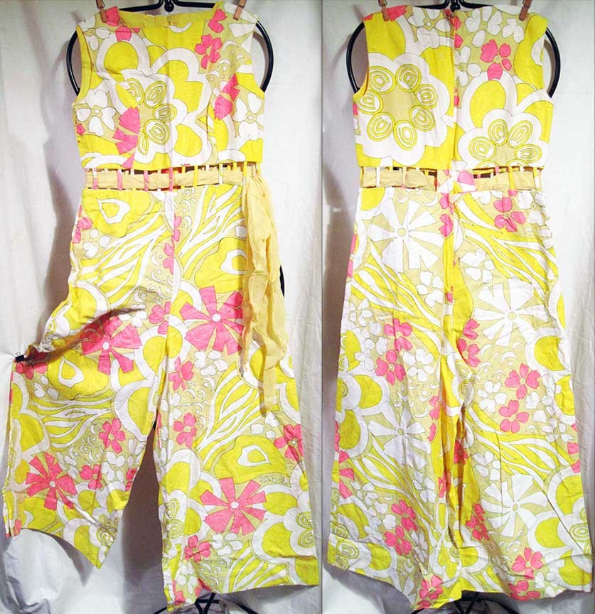 Floral Mod Pop Art Peekaboo Vintage Palazzo Jumpsuit Wide Bell Leg Matching Sash