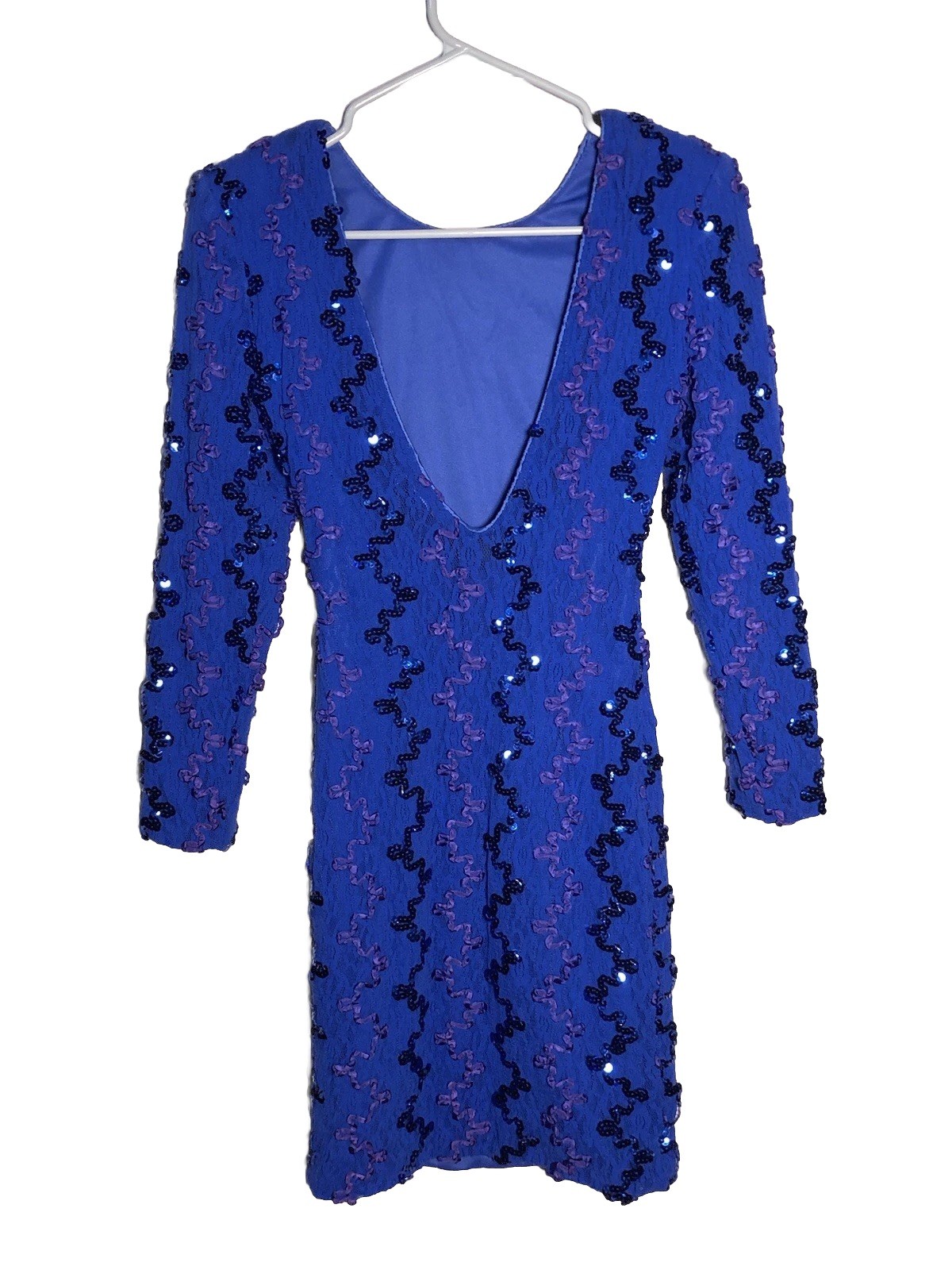 Vtg 90s Dress Blue Sequin Body Con Cocktail Evening Date Ribbon Lace Sequins S