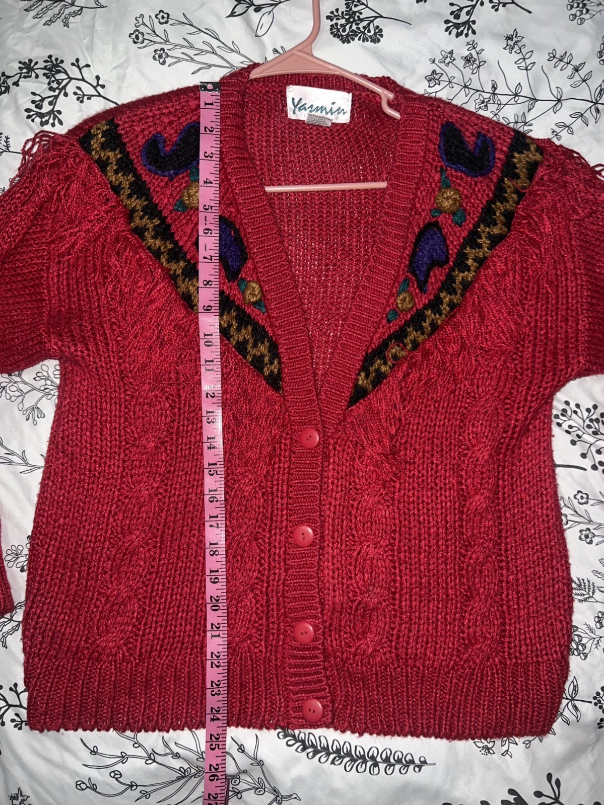 Vintage 80s Yasmin Fringe Ramie Cardigan Red Cable Knit Southwestern L