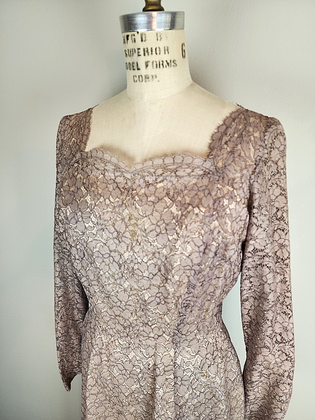 Vintage Late 1940’s Mauve Lace Over Champagne Satin Cocktail Dress with Godet