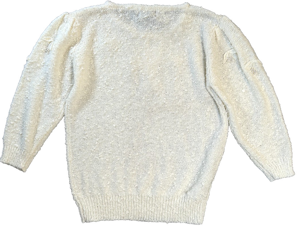 Vtg Le Roy Knitwear Sweater Women’s XL Cream Dangle Pearl Cherry Embroider NWT