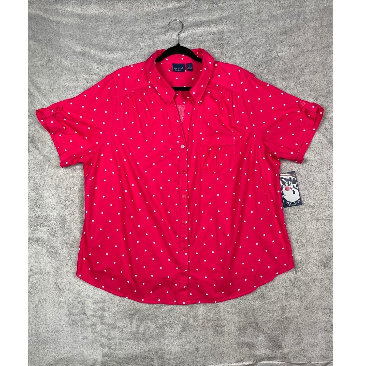NWT Gloria Vanderbilt 2X Blouse Cherry Pink Polka Dot Button Up Shirt Selma