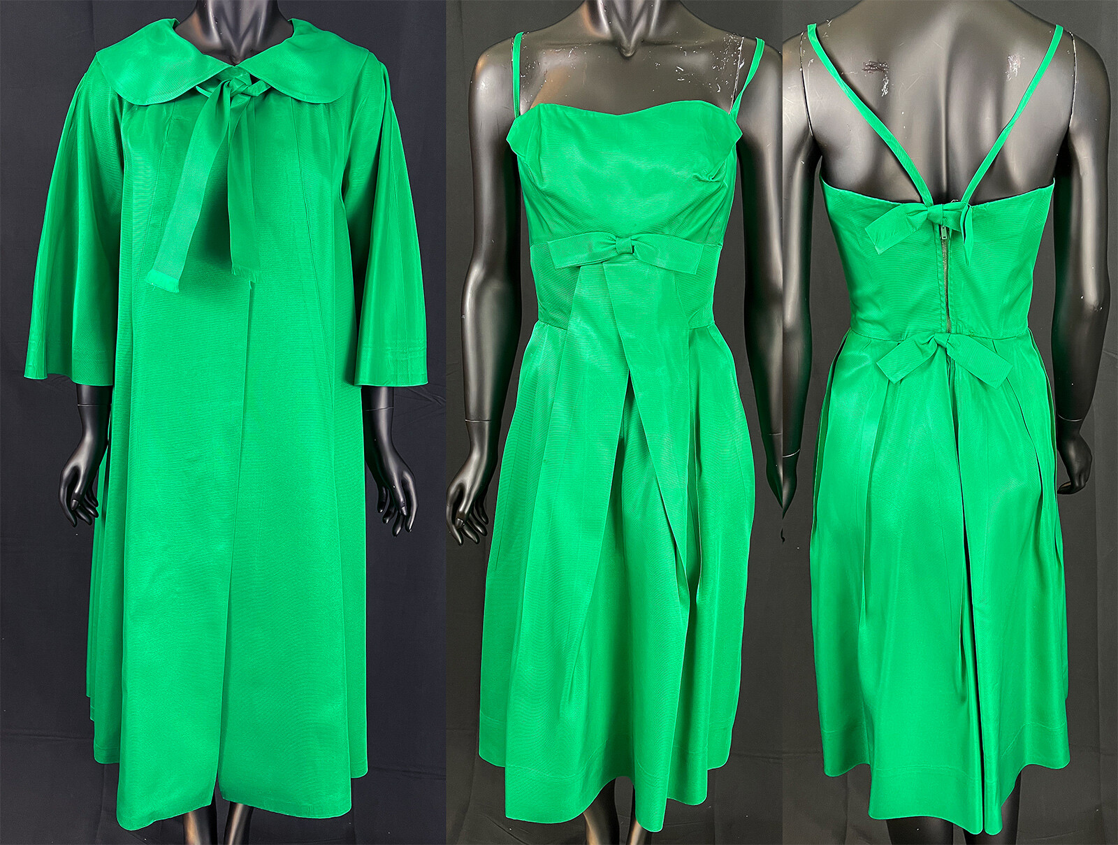 Vintage Lorrie Deb 1950s Emerald Green Silk Faille Cocktail Dress & Swing Coat