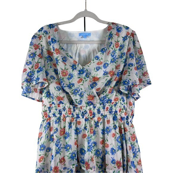 Draper James RSVP Floral Smocked Tiered Maxi Dress Ivory Blue Orange Large VGUC