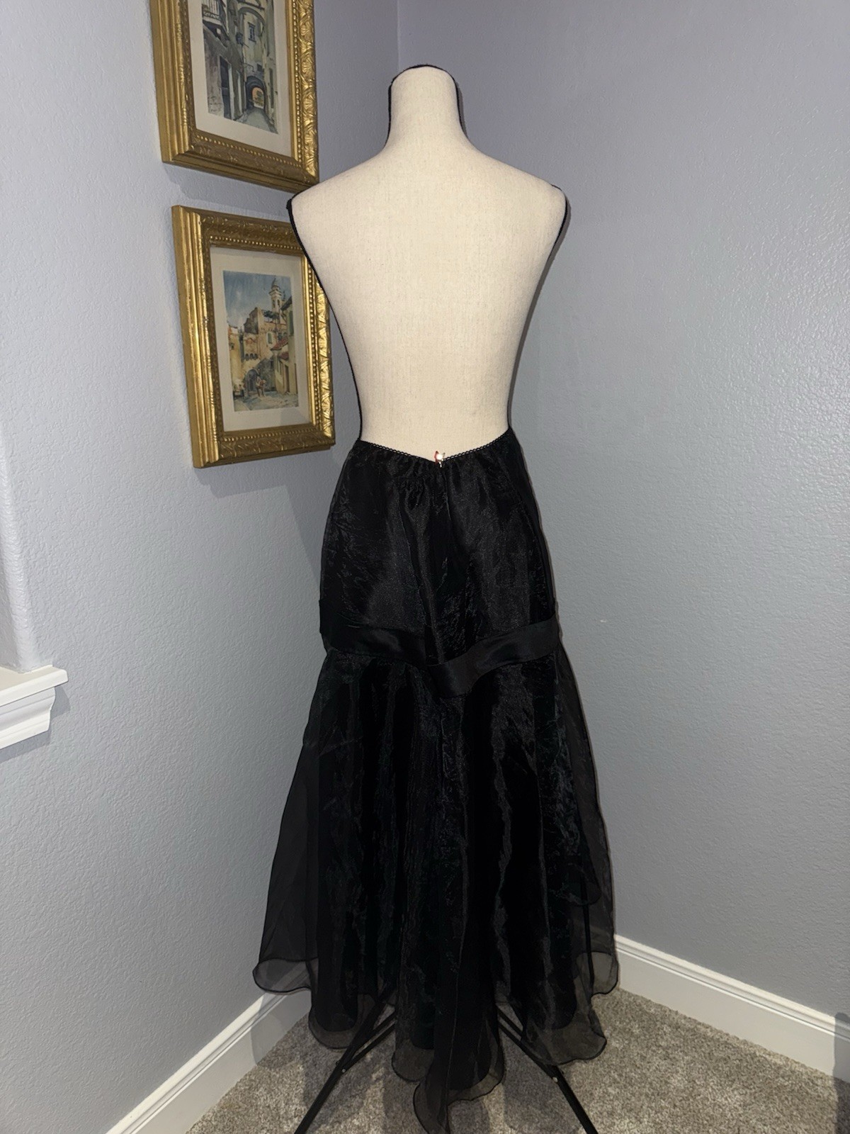 Vtg 80s Victor Costa Black Organza Party Skirt Large Satin Bow Flared Retro Glam