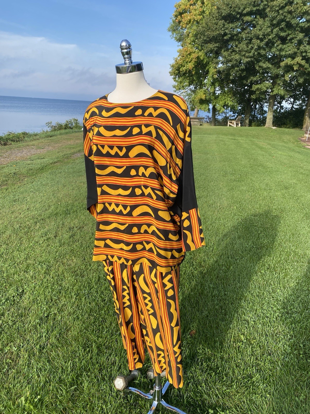 Vtg 1980s Gold Black Geometric Silk Blouse Balloon Pants Size Large To 1X