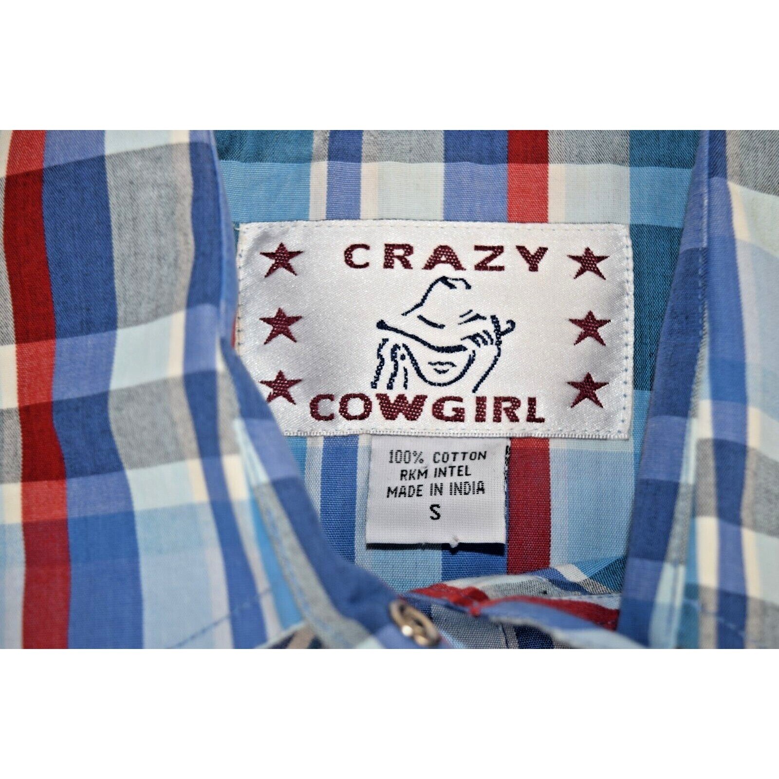 Vintage Plaid Western Pearl Snap Shirt Crazy Cowgirl Size S 90s Blue Red Cotton