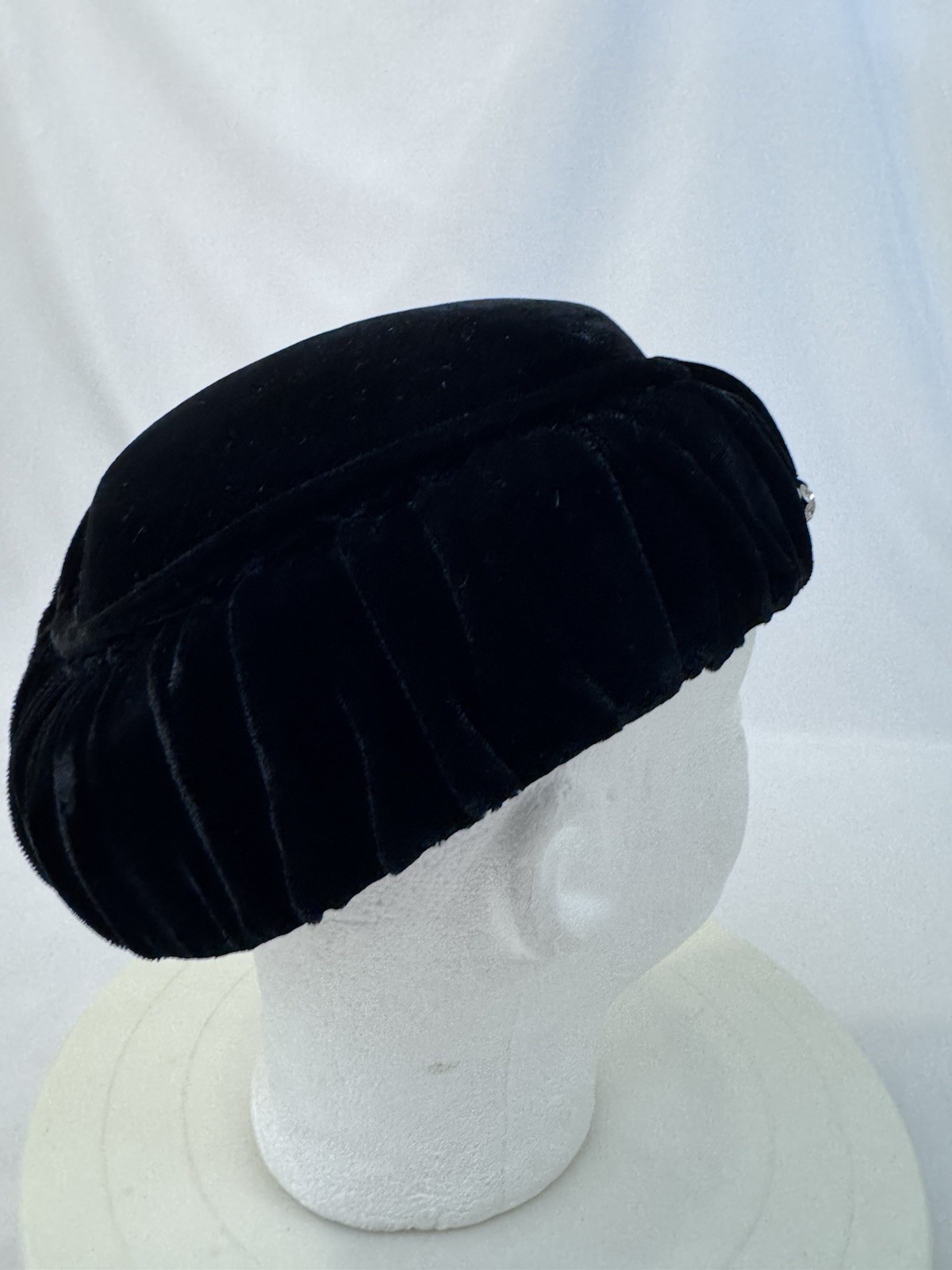 Vintage Black Velvet Cocktail Hat Art Deco Rhinestone Dress Womens FAST SHIP