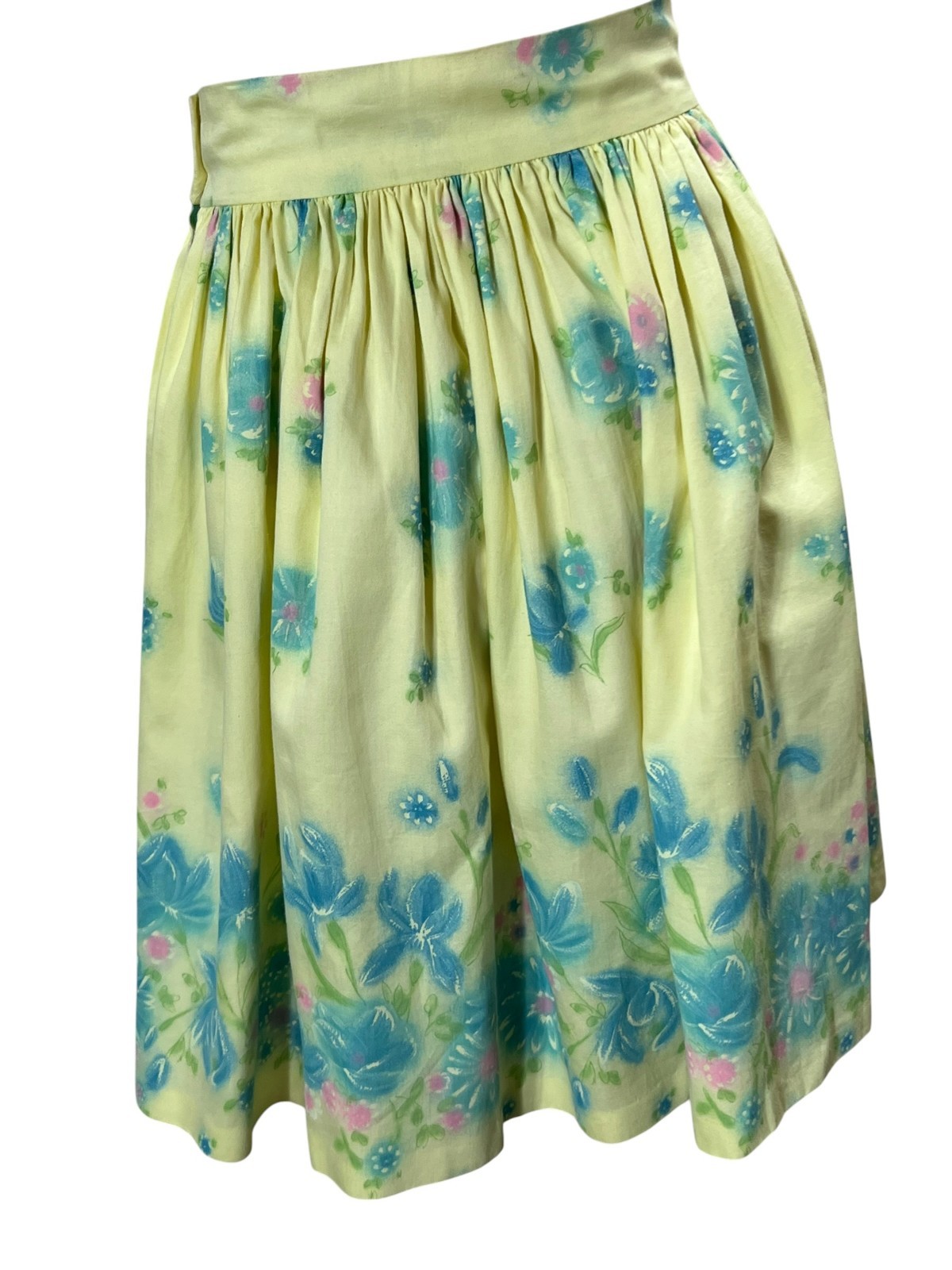 Vtg 60s SKIRT Sz XS~S 24″ W+ Cotton Skirt Yellow Aqua Polished Cotton Floral