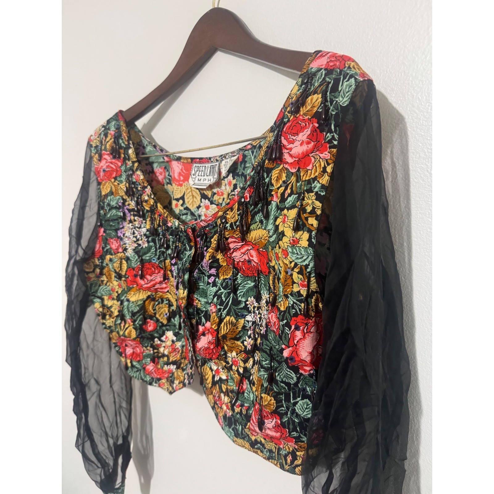 Speed Limit MPH Vintage Floral Beaded Crop Top Sheer Mesh Sleeves Womens Large