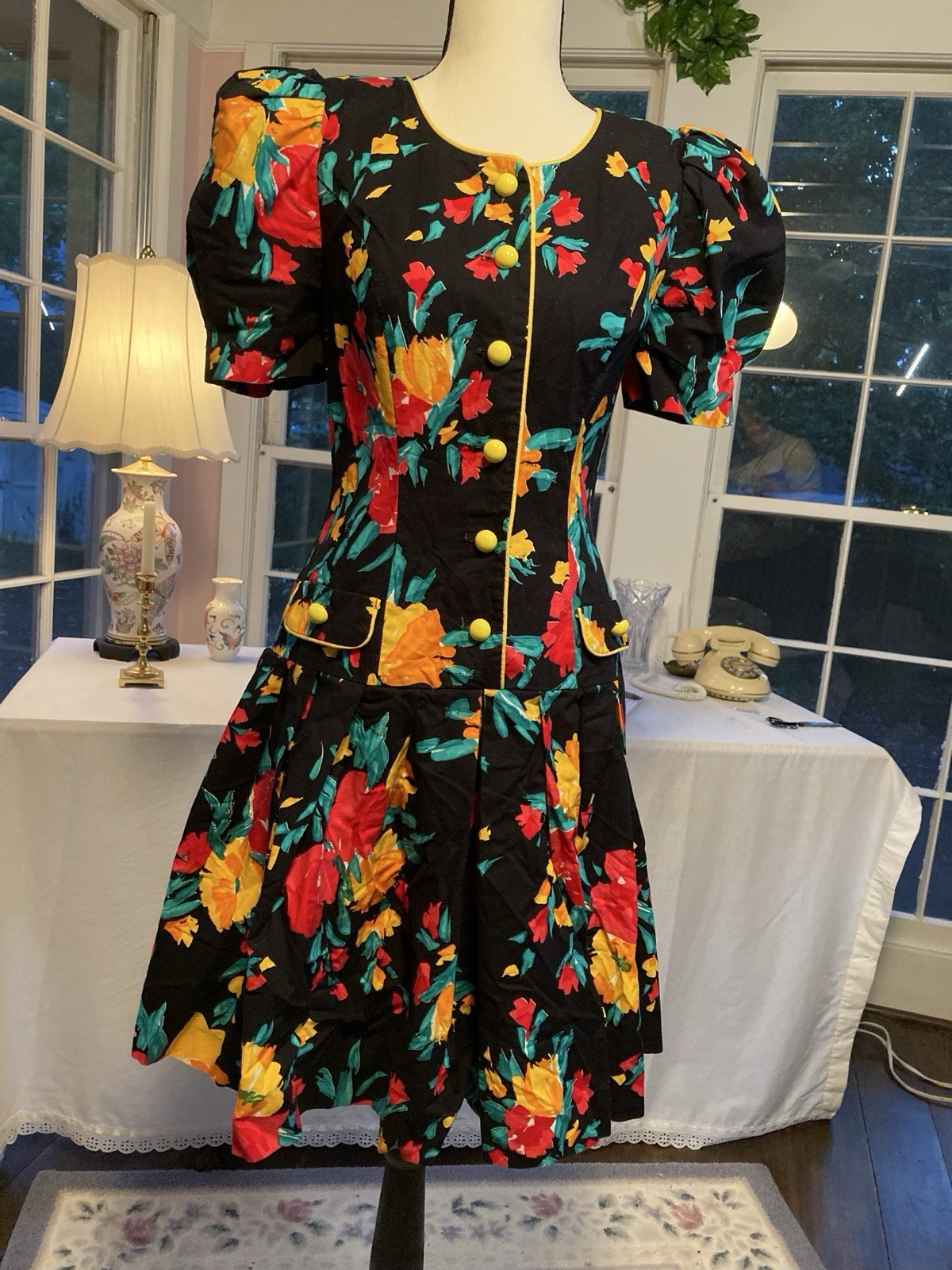 Vintage 1980s Culotte Romper Dress Black And Floral
