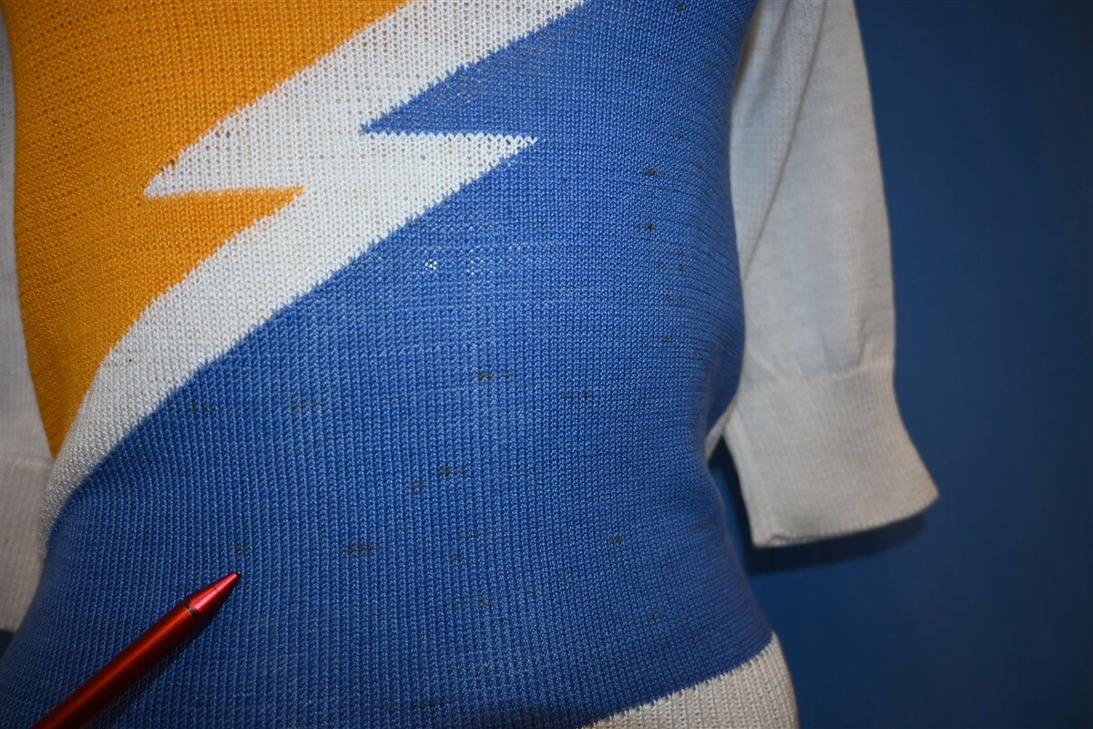 vtg 80s PAP YELLOW BLUE LIGHTNING BOLT COTTON 3/4 SLV NWT SWEATER WOMEN’S XS