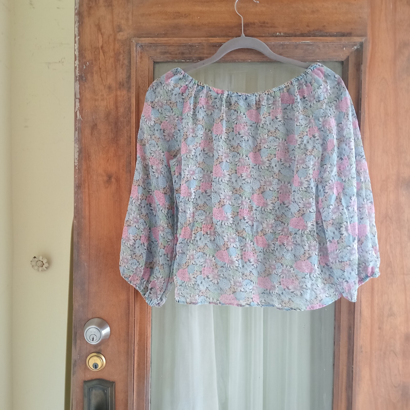 Vintage 70s Pastel Blue Floral 2 Piece Shirt Skirt Set S Hippie Boho Festival S