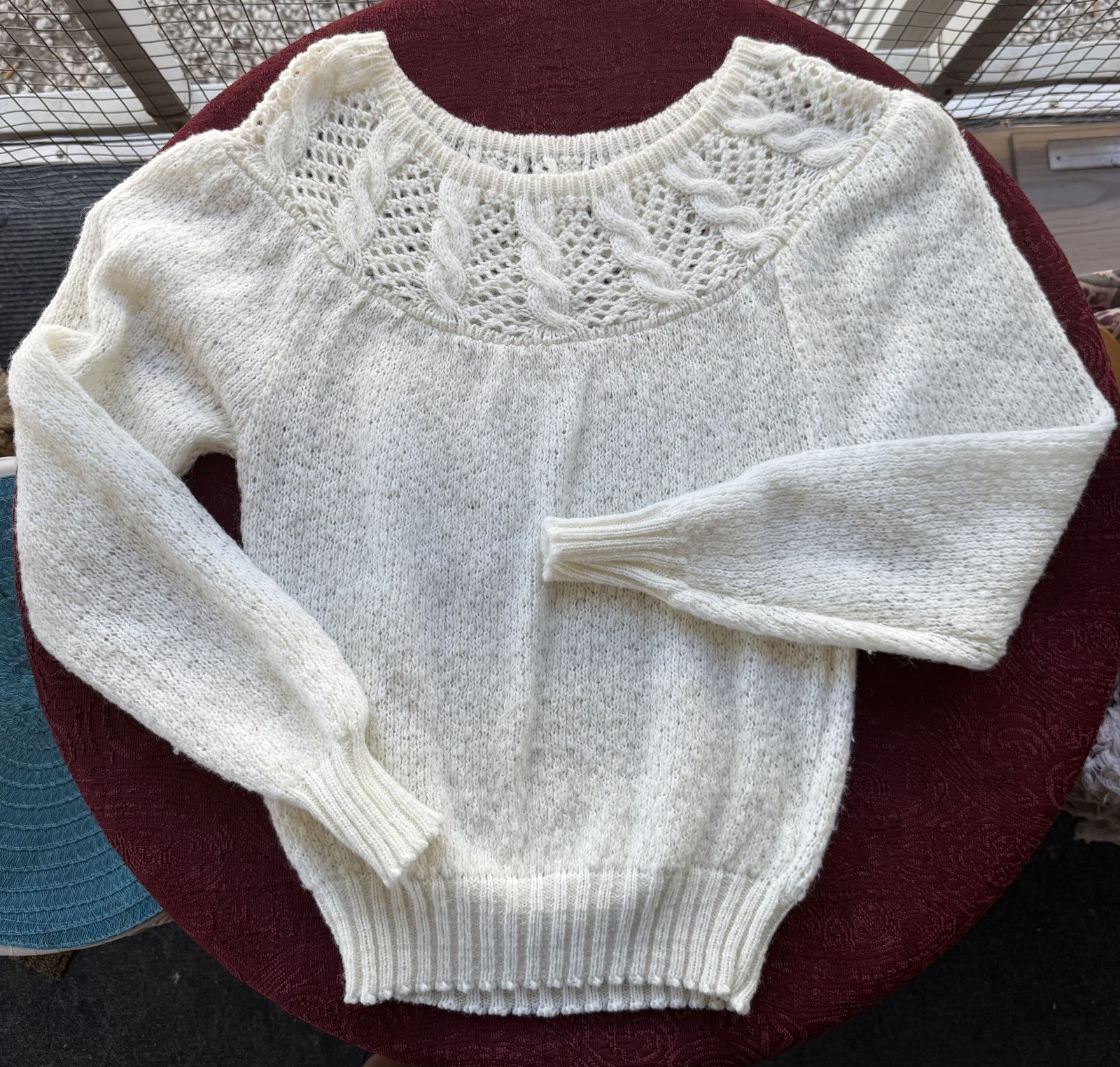 Vintage Cream Knit Open Stitch Yoke Sweater – Soft Cozy Cottagecore Knitwear