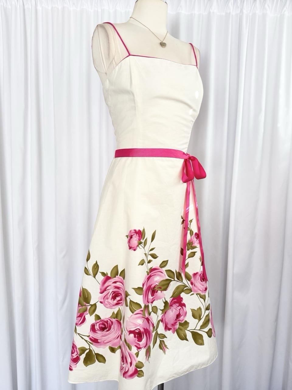 Vintage Y2K White Pink Rose Fairy Bow Slip Midi Dress Gown A Line Size Medium 10