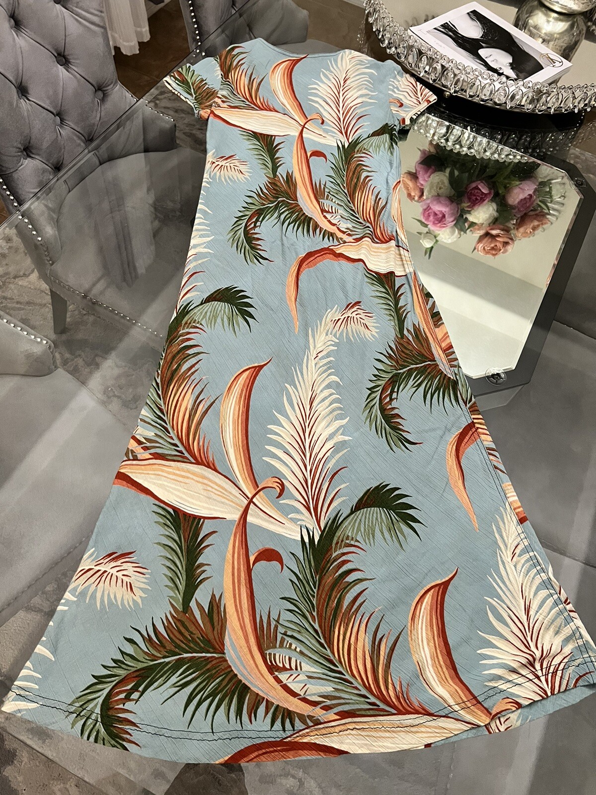 Carol Little Vintage 90s Turquoise Terracotta Tropical Palm Print Maxi Dress 4