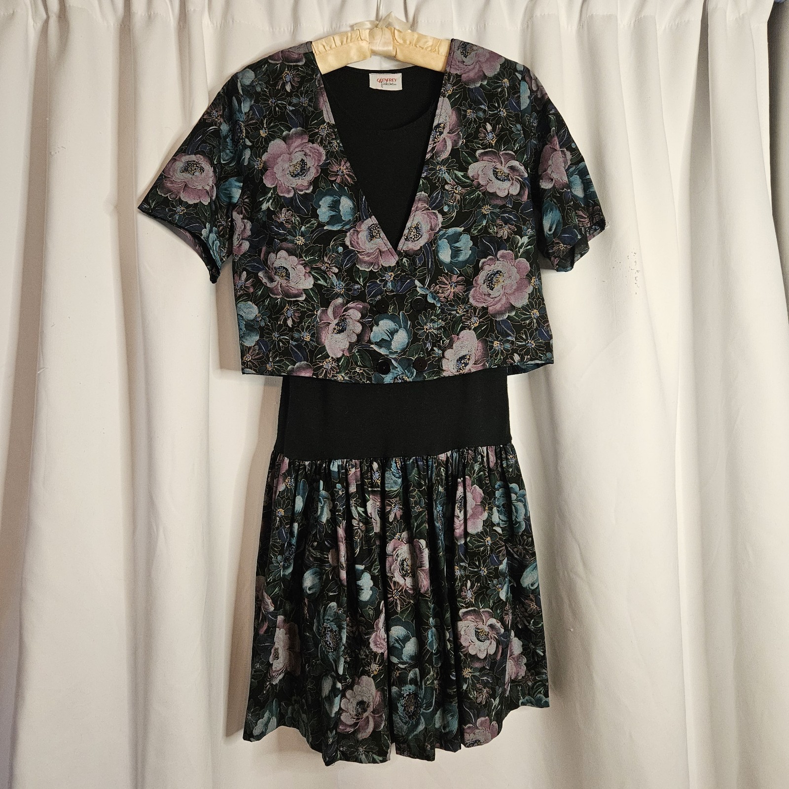 Vintage 80s Glenfrey Fashions Purple Floral Mini Dress 2 Piece Look Sz 7/8