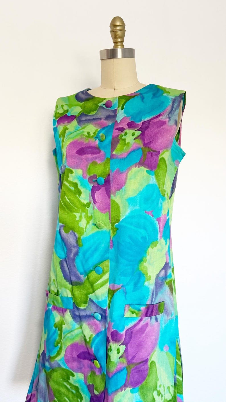 1960s Dress / 1960s Floral Dress / Garden Party Dress / Size Large