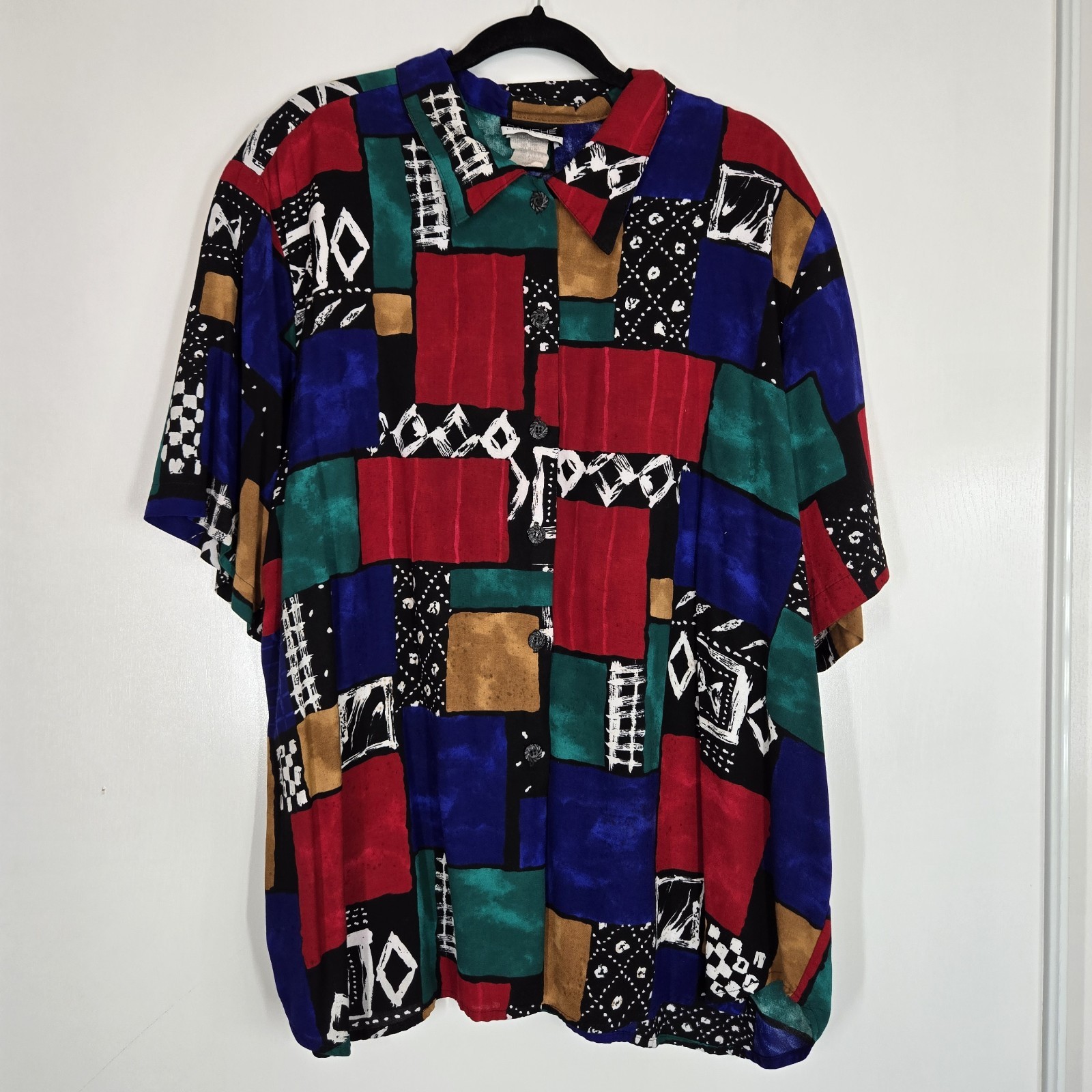 Vintage Caliche’ Abstract Retro Cubism Button Down Short Sleeve Blouse sz 44/24R
