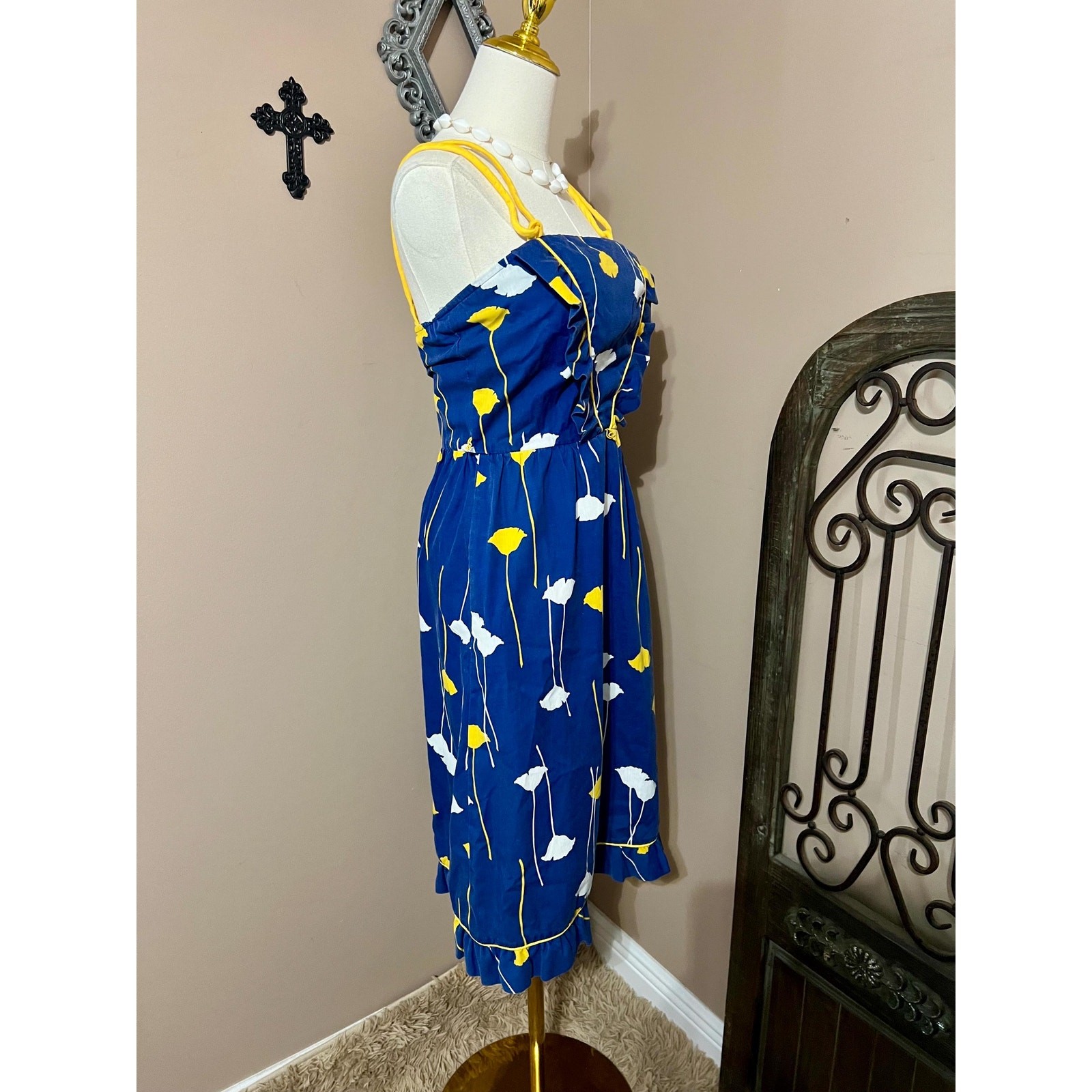 Vintage 70s Blue & Yellow Floral Tank Sundress Retro Mod Size Small