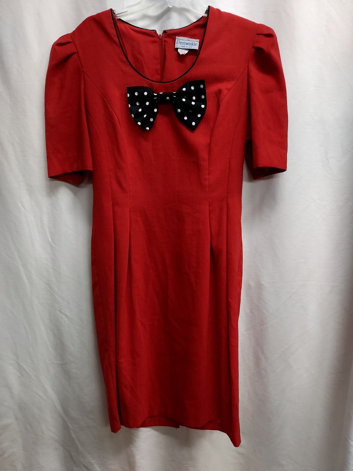 Vintage 80s Periwinkle Red Dress w/Black Polka Dot Bow, Shoulder Pads Size 16