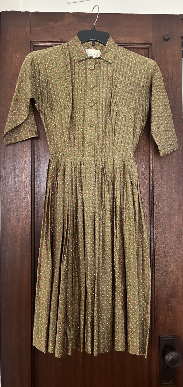Wendy Woods Green Paisley Pleated Vintage Dress